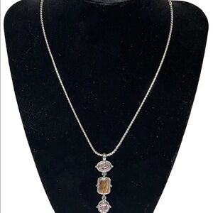 Cookie Lee Pink Stone & Jasper Three Piece Hanging Pendant On Silver Tone Chain